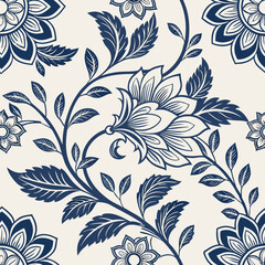 Seamless Vintage French Floral Toile Blue Pattern, Vector Illustration