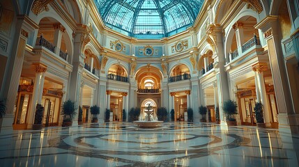 Obraz premium Luxurious hotel atrium, sunlit, opulent decor