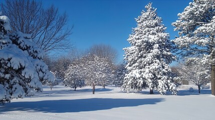 Obraz premium A picturesque winter landscape featuring snow-covered pine and deciduous trees under a clear blue sky. The foreground shows a tranquil scene with a layer of fresh snow blanketing the ground, creating 