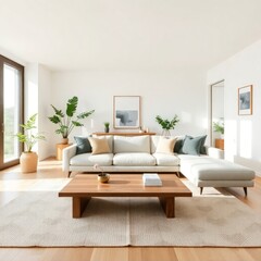 Obraz premium a bright and contemporary living room that emphasizes simplicity and comfort. Sofa. Coffee Table. Lighting. Rug. Decorative Plants. Artwork. Accent Chair