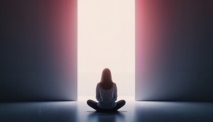 Contemplative young woman sitting cross-legged in front of an illuminated doorway, symbolizing hope and new beginnings in a minimalist setting