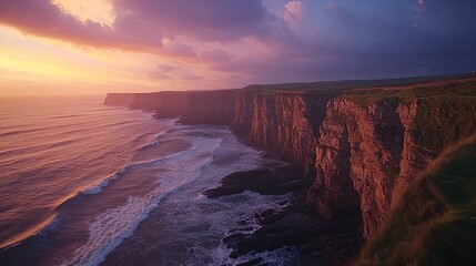 Dramatic coastal landscape featuring towering cliffs at sunset, with waves crashing against the rocky shore. The sky is painted in hues of purple, pink, and orange, casting a serene glow over the wate