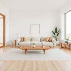 a bright and contemporary living room that emphasizes simplicity and comfort. Sofa. Coffee Table. Lighting. Rug.  Decorative Plants. Artwork. Accent Chair

