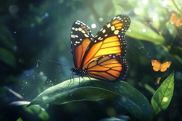 Obraz premium Monarch Butterfly in a Lush Garden: A Serene Digital Art Piece