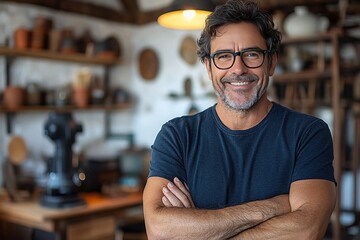 Happy mature man smiling with arms crossed in his workshop.