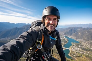 Portrait of a smiling male paraglider taking a selfie in the mountains