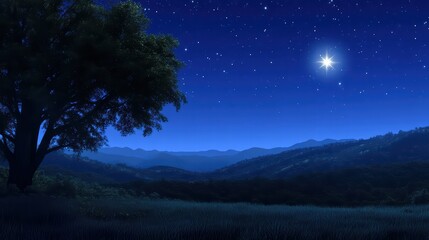 Fototapeta premium Serene Night Sky Over Rolling Hills with Bright Star and Tree