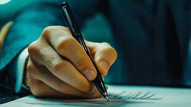 A young Caucasian businessman dressed in a sharp suit is focused on writing with a pen on a sheet of paper in a softly lit office. The mood is contemplative, emphasizing professionalism and