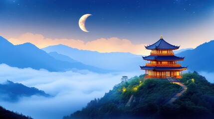 Obraz premium Serene Asian Pagoda on Misty Mountain at Night