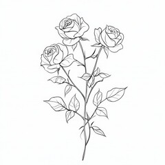 Elegant Botanical Illustration of Three Roses with Detailed Line Art and Graceful Petals