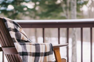 Cozy chair with a plaid blanket overlooking a snowy landscape in a serene winter setting