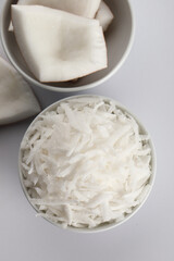 Desiccated coconut in ceramic bowl 