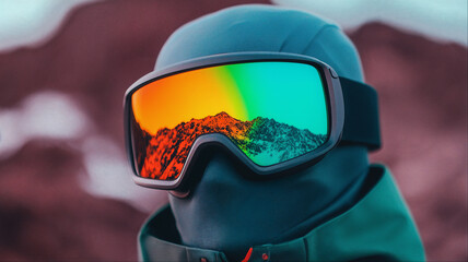 Vibrant rainbow reflective ski goggles against snowy mountain landscape, winter sports concept