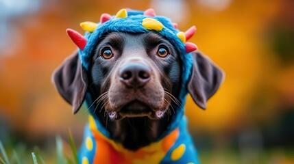 An adorable dog dressed in a colorful costume poses outdoors, showcasing the joy and playfulness of pets, while highlighting the trend of dressing animals for fun.