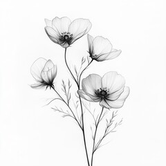 Naklejka premium Elegant Botanical Sketch: Delicate Flower Arrangement in Minimalist Black and White Illustration for Aesthetic Floral Art
