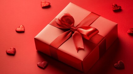 Obraz premium Gift-wrapped red box with hearts scattered on a bright red background for a romantic occasion