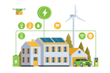 Modern Smart Home with Renewable Energy. Solar Panels, Wind Turbines, and Electric Vehicle. Green Concept. Editable Vector Illustration