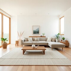 Obraz premium a bright and contemporary living room that emphasizes simplicity and comfort. Sofa. Coffee Table. Lighting. Rug. Decorative Plants. Artwork. Accent Chair