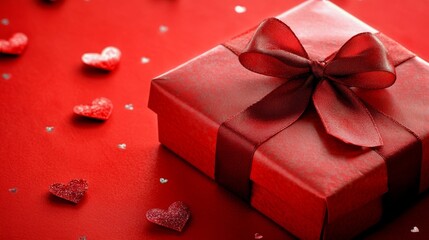 Obraz premium Gift box decorated with a bow and heart-shaped confetti on a red background for special occasions