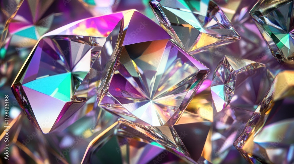 Poster stunning close-up of multi-colored diamonds sparkling with light and reflections, creating a dazzlin