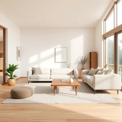 a bright and contemporary living room that emphasizes simplicity and comfort. Sofa. Coffee Table. Lighting. Rug.  Decorative Plants. Artwork. Accent Chair

