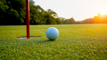 Golf ball is on a green lawn in a beautiful golf course with morning sunshine.