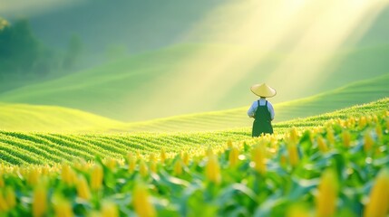 Fototapeta premium Serene Farmer in Sunlit Cornfield Rural Landscape