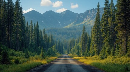 A serene road through a lush forest, leading to majestic mountains under a blue sky.