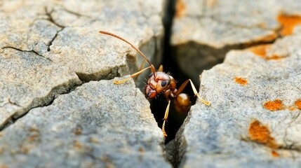 Close-up of ant emerging from crack in dry earth.