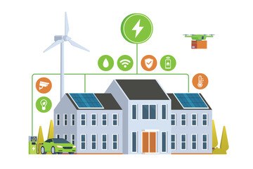 Modern Smart Home with Renewable Energy. Solar Panels, Wind Turbines, and Electric Vehicle. Green Concept. Editable Vector Illustration
