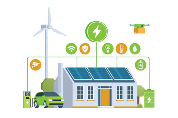 Modern Smart Home with Renewable Energy. Solar Panels, Wind Turbines, and Electric Vehicle. Green Concept. Editable Vector Illustration