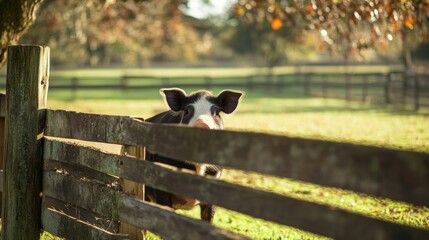 A pig’s snout poking through wooden fencing, playful and charming scene 