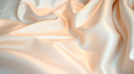 Obraz premium Close-up view of draped, off-white satin fabric. The image shows soft folds and gentle light reflections on the smooth, lustrous surface of the material. The color is a consistent, pale creamy tone.