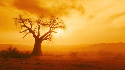 A majestic baobab tree in a vast, open landscape with a fiery orange sunset sky 
