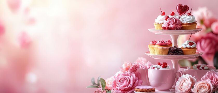 Valentine s Day hightea arrangement with tiered platters of sweets, delicate teacups, and a romantic floral setup
