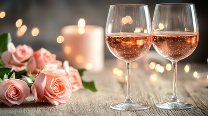 A romantic dinner setup with two glasses of wine and roses on the table