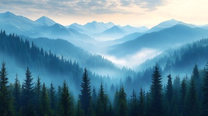 Misty mountain range, pine forest, sunrise, scenic view, nature, outdoor, tranquil, inspiring, wallpaper