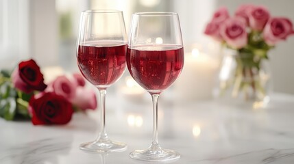 A romantic dinner setup with two glasses of wine and roses on the table