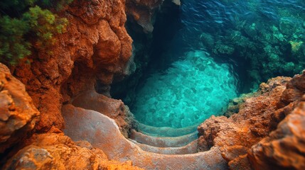 Naklejka premium A serene underwater scene with stairs leading into clear turquoise water.