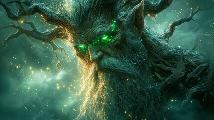 weathered tree man stands in dark moody environment his bark cracking reveal vibrant green energy. Twilight casts eerie glow as mist swirls around enhancing mystical presence.