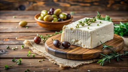 A block of aged feta cheese on a wooden surface with fresh thyme sprigs and brined olives in the background