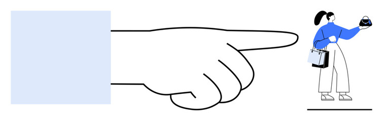 Giant hand points at woman holding shopping bags and sushi, signifying influence on consumer choices. Ideal for marketing, consumer behavior, retail, decision making, influence, direction, guidance