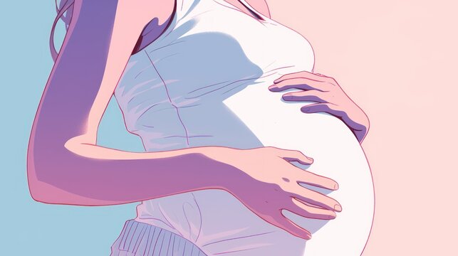 A pregnant woman is holding her belly, her hands gently touching her abdomen, in a minimalist graphic art display.