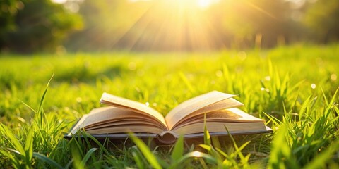 A open book lying flat on a lush green field in the sun, with pages slightly ruffled and creased from being outdoors , sunlight, peaceful scene