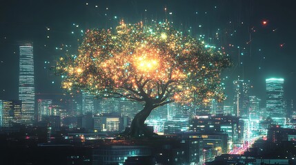 Digital artwork of a glowing tree representing technological growth in cities