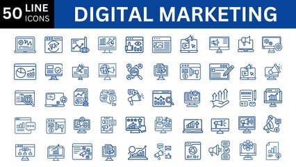 Digital marketing icon set. Containing seo, content, website, social media, sales and online advertising.