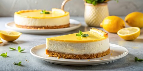 homemade lemon cheesecake on a white plate, food styling, lemon zest,  food styling
