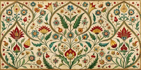 Intricate floral motifs with curved lines and teardrop shapes in a Mughal-inspired art style, antique prints, traditional Indian art