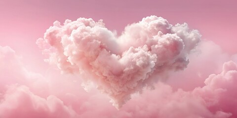 Fototapeta premium Whimsical Heart-Shaped Clouds Over a Pastel Pink Background, illustration, joyous, illustration, joyous, serene
