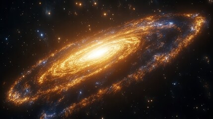 Fototapeta premium Spiral galaxy with orange and blue hues in space.